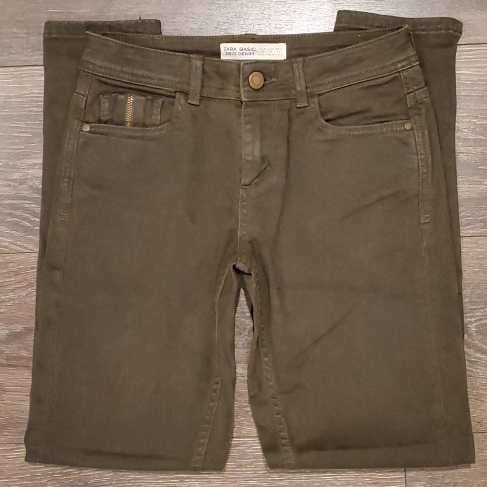 ❤ZARA SKINNY ZIP STEP HEM JEANS IN OLIVE GREEN, 2 (26)